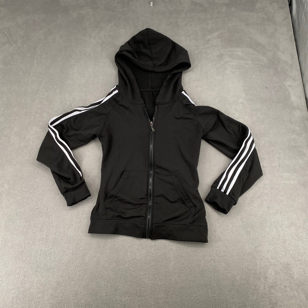 Adidas Y2K Black Three Stripe Zip Up Hoodie Track Jacket Fleece Lined Womens